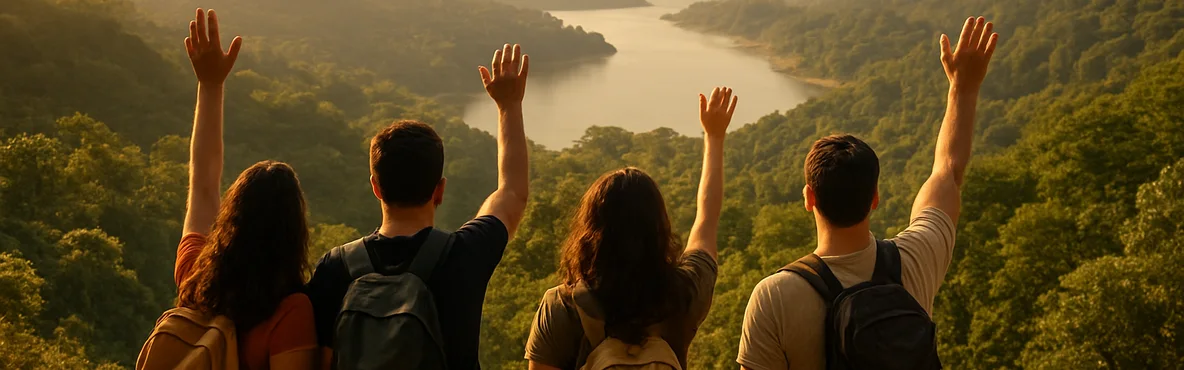 Friends enjoy outdoor adventures among the hills and lakes of the Western Ghats.
