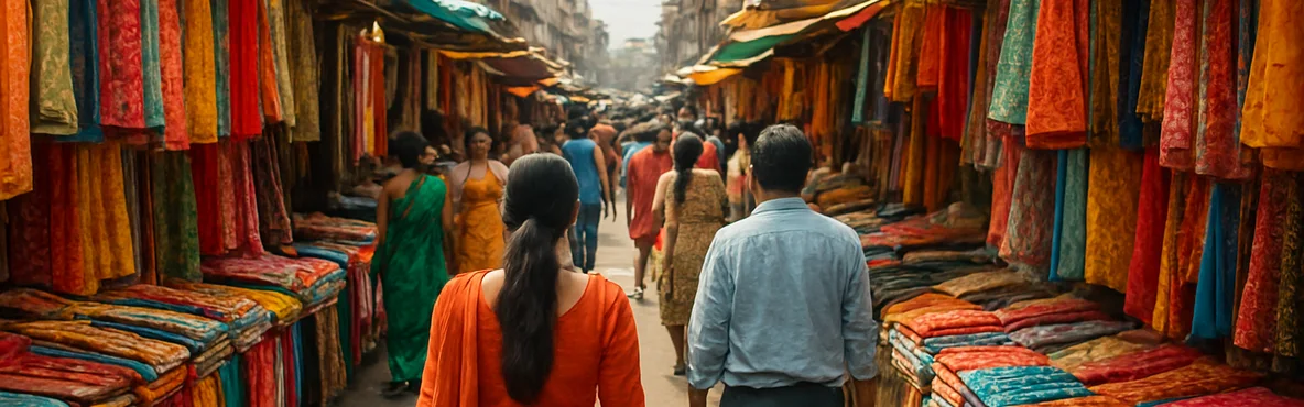 A busy Mumbai shopping street is lined with colorful market stalls.